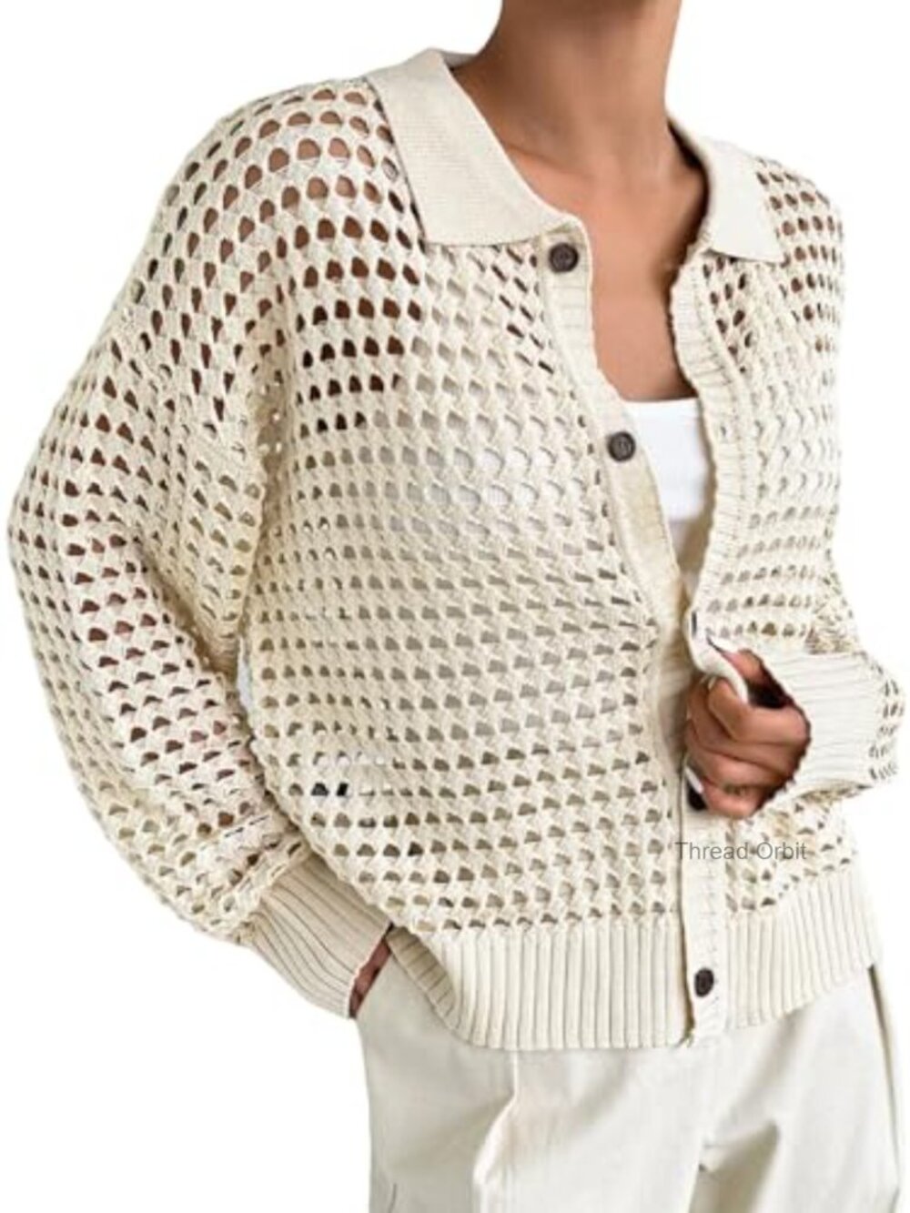 Lightweight Crochet Cardigan Sweater Button Front Loose Fit Long Sleeve - Picture 5 of 7